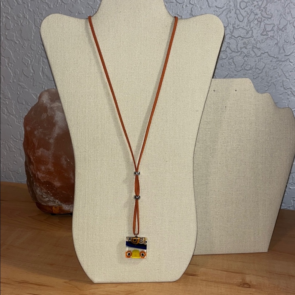 Orange Leather Necklace with Artistic Pendant